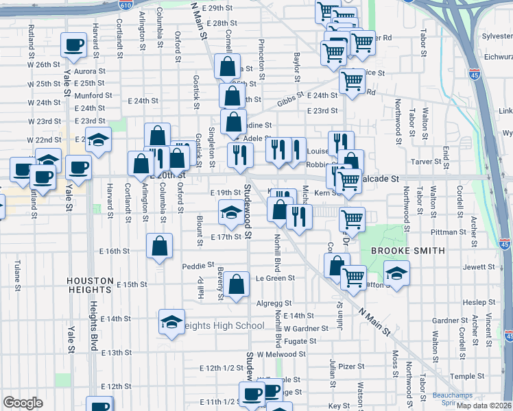 map of restaurants, bars, coffee shops, grocery stores, and more near 1139 Jerome Street in Houston
