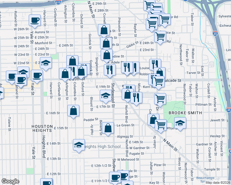 map of restaurants, bars, coffee shops, grocery stores, and more near 1139 Jerome Street in Houston