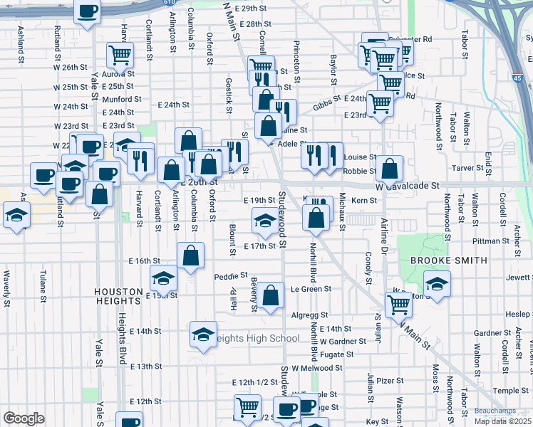 map of restaurants, bars, coffee shops, grocery stores, and more near 734 East 18th Street in Houston