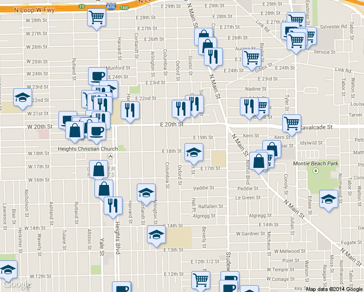 map of restaurants, bars, coffee shops, grocery stores, and more near 1721 Oxford Street in Houston