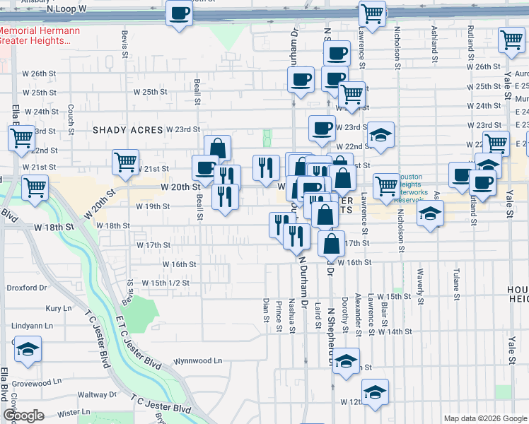 map of restaurants, bars, coffee shops, grocery stores, and more near 829 West 18th Street in Houston