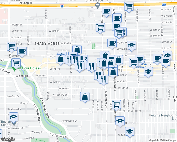 map of restaurants, bars, coffee shops, grocery stores, and more near 915 West 18th Street in Houston