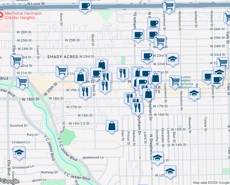 map of restaurants, bars, coffee shops, grocery stores, and more near 915 West 18th Street in Houston