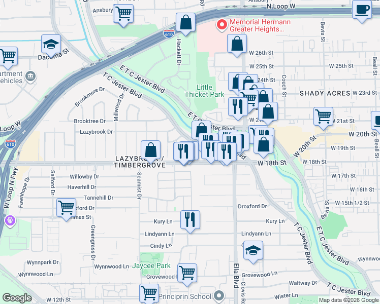 map of restaurants, bars, coffee shops, grocery stores, and more near 2000 West 18th Street in Houston