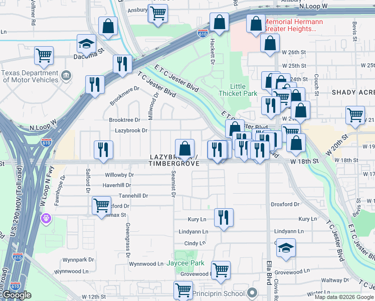 map of restaurants, bars, coffee shops, grocery stores, and more near 1807 Nauts Court in Houston