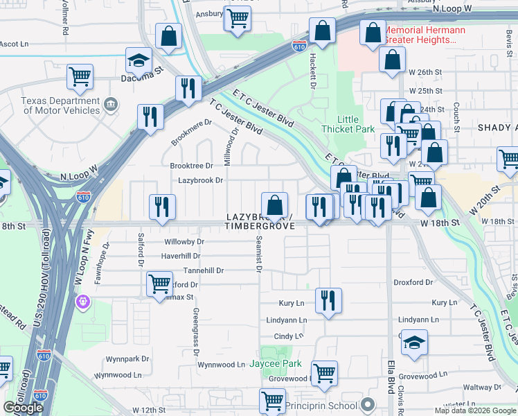 map of restaurants, bars, coffee shops, grocery stores, and more near in Houston