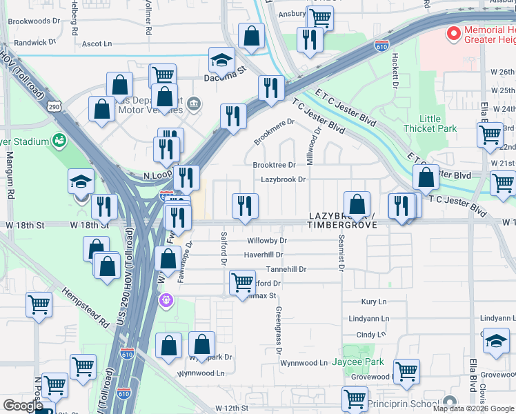map of restaurants, bars, coffee shops, grocery stores, and more near 1806 Mill Creek Drive in Houston