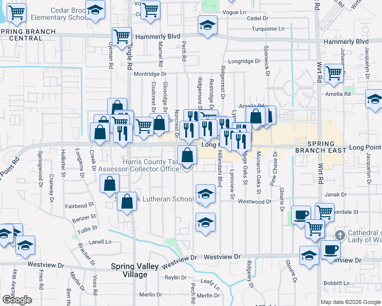map of restaurants, bars, coffee shops, grocery stores, and more near 8403 Moritz Pass Trail in Houston