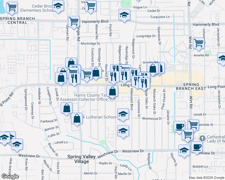 map of restaurants, bars, coffee shops, grocery stores, and more near 8403 Moritz Pass Trail in Houston