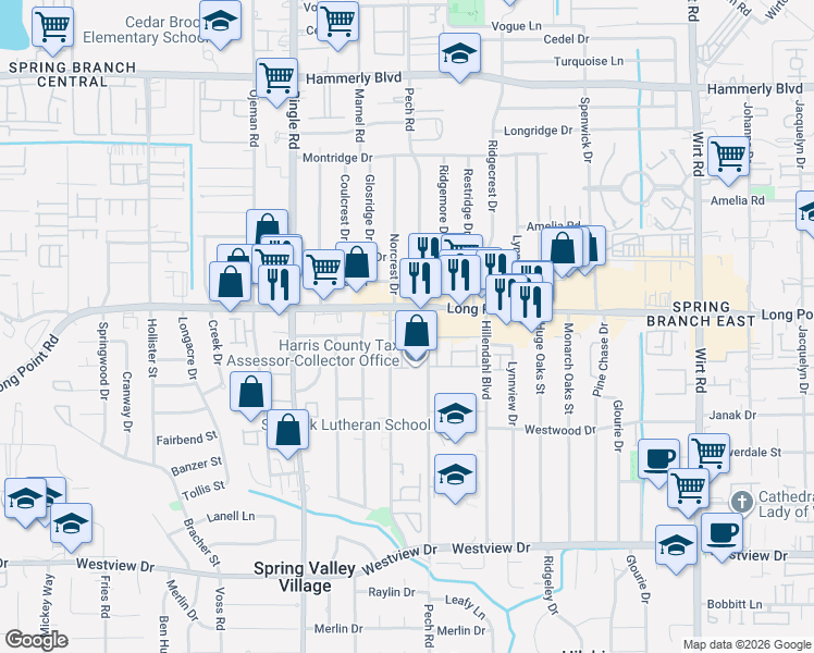 map of restaurants, bars, coffee shops, grocery stores, and more near 8403 Moritz Pass Trail in Houston