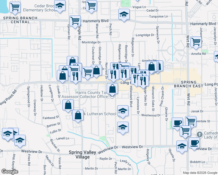 map of restaurants, bars, coffee shops, grocery stores, and more near 8403 Moritz Pass Trail in Houston