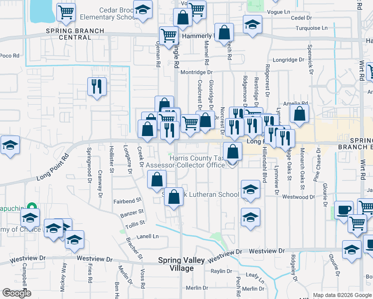 map of restaurants, bars, coffee shops, grocery stores, and more near 8565 Forum Drive in Houston