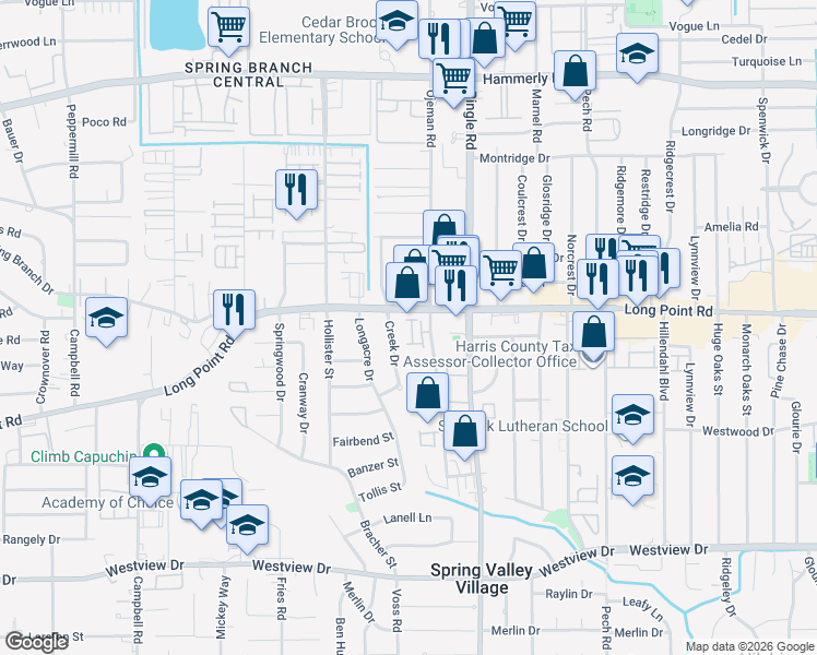map of restaurants, bars, coffee shops, grocery stores, and more near 1722 Creek Drive in Houston