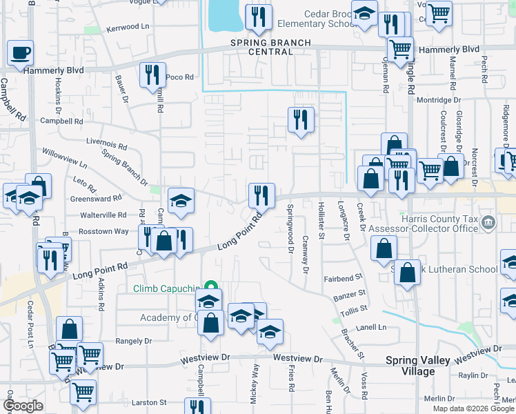 map of restaurants, bars, coffee shops, grocery stores, and more near 8941 Long Point Road in Houston