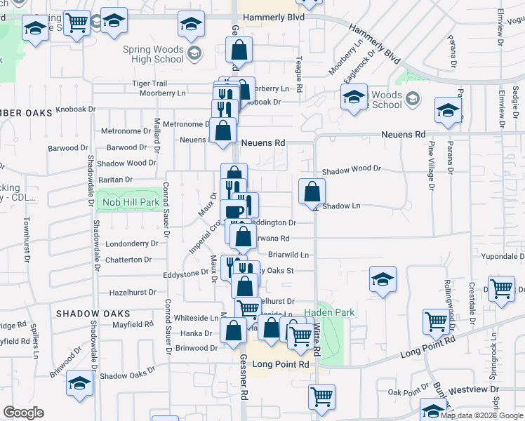 map of restaurants, bars, coffee shops, grocery stores, and more near 10058 Haddington Drive in Houston