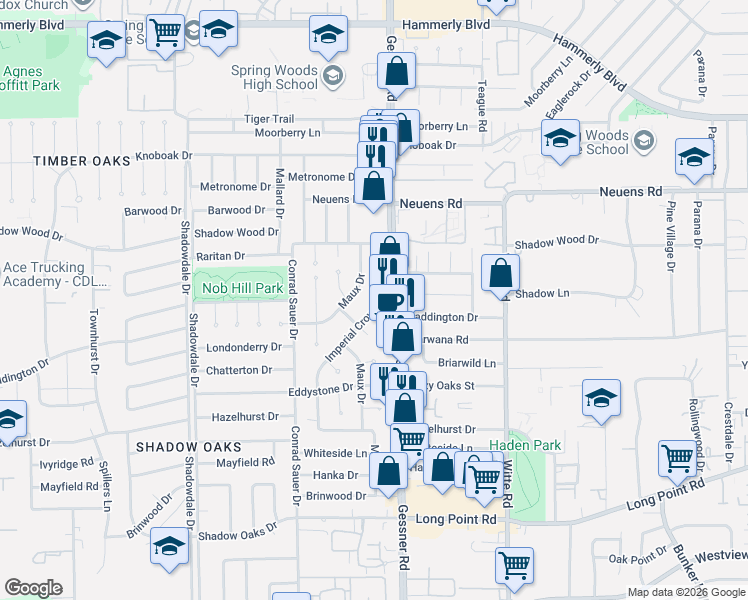 map of restaurants, bars, coffee shops, grocery stores, and more near 1649 Gessner Road in Houston