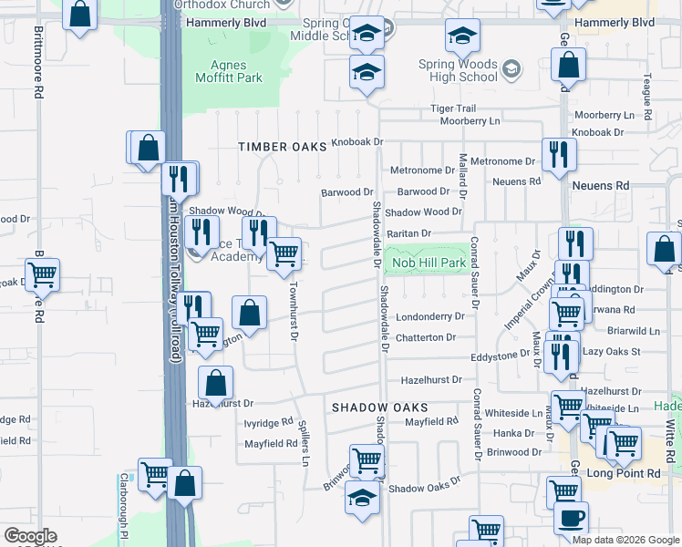 map of restaurants, bars, coffee shops, grocery stores, and more near 10514 Timberoak Drive in Houston