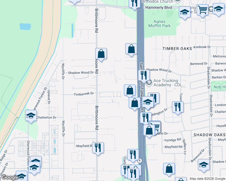 map of restaurants, bars, coffee shops, grocery stores, and more near 1950 Brittmoore Road in Houston