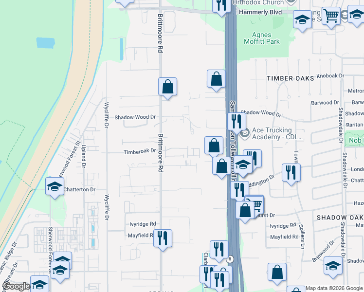 map of restaurants, bars, coffee shops, grocery stores, and more near 1950 Brittmoore Road in Houston