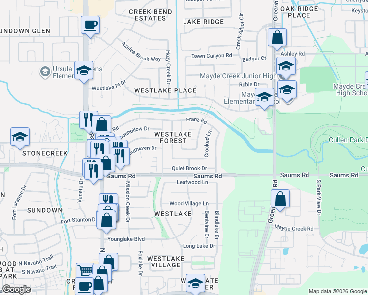 map of restaurants, bars, coffee shops, grocery stores, and more near 19511 Southaven Drive in Houston