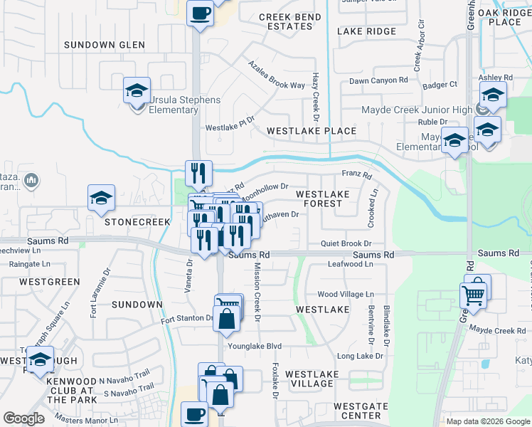 map of restaurants, bars, coffee shops, grocery stores, and more near 2314 Pepperweed Drive in Houston