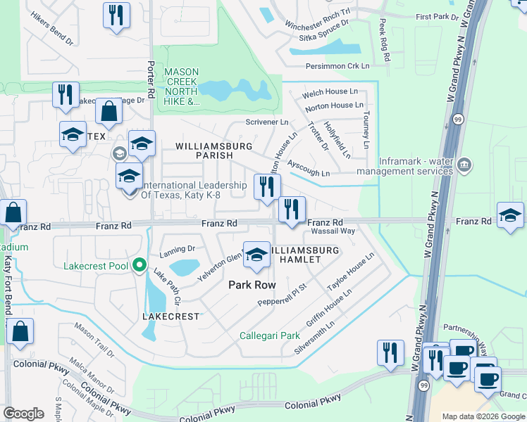 map of restaurants, bars, coffee shops, grocery stores, and more near 2000 Charlton House Lane in Katy