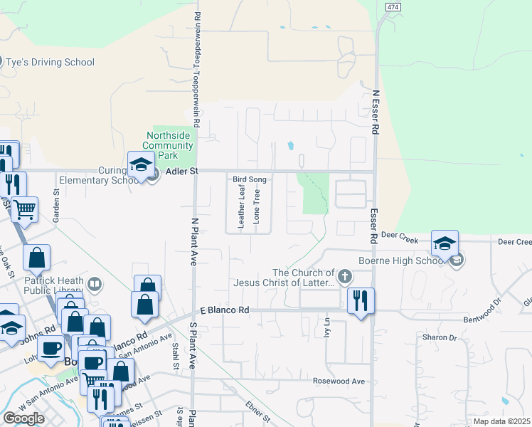 map of restaurants, bars, coffee shops, grocery stores, and more near 421 English Oaks Circle in Boerne
