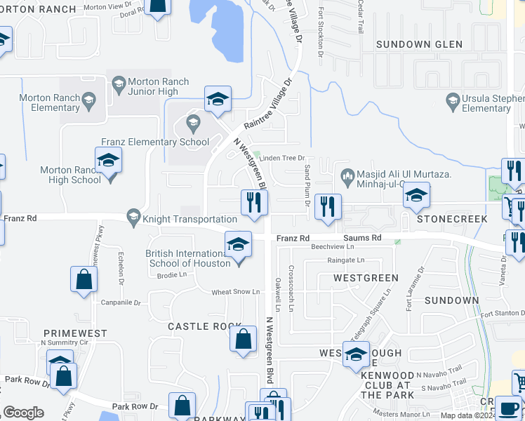 map of restaurants, bars, coffee shops, grocery stores, and more near 20302 Blue Juniper Drive in Katy