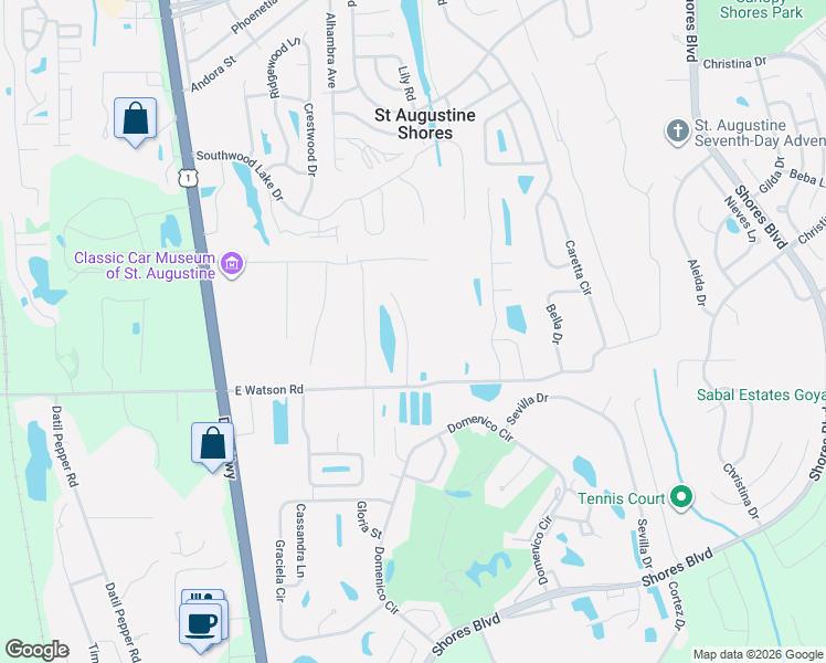 map of restaurants, bars, coffee shops, grocery stores, and more near 97 Amistad Drive in St. Augustine