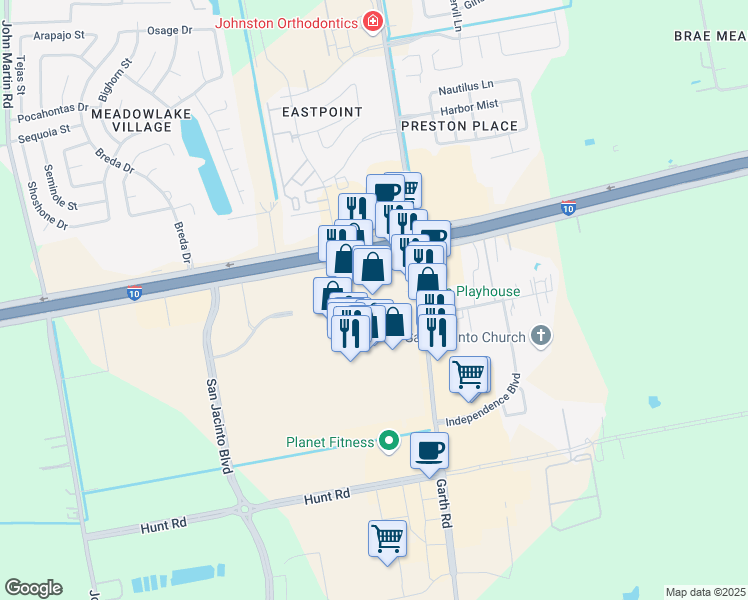 map of restaurants, bars, coffee shops, grocery stores, and more near 1000 San Jacinto Mall in Baytown