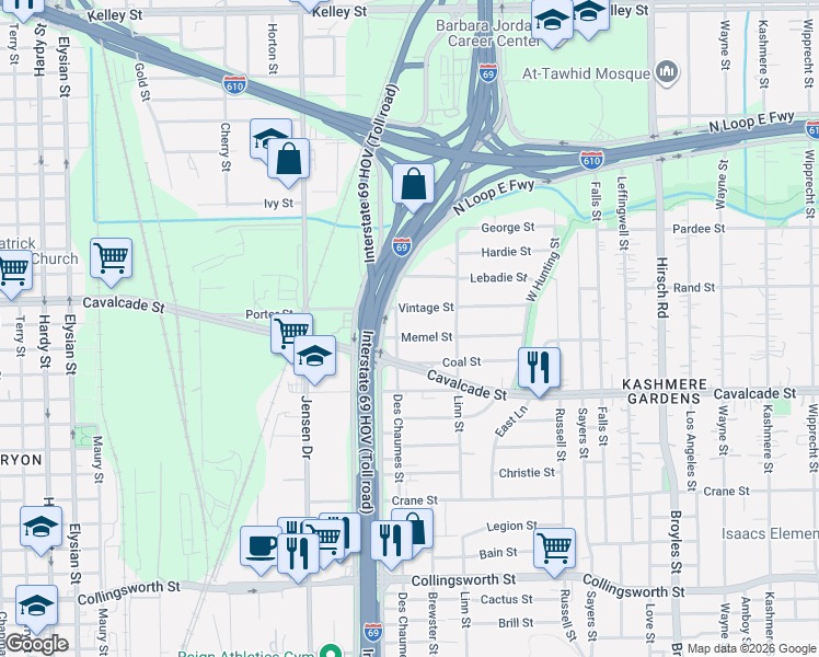 map of restaurants, bars, coffee shops, grocery stores, and more near 3104 Memel Street in Houston