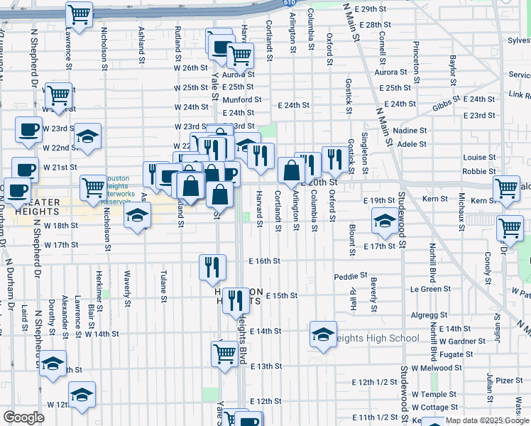 map of restaurants, bars, coffee shops, grocery stores, and more near in Houston