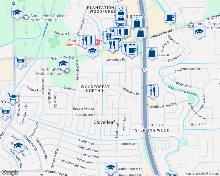 map of restaurants, bars, coffee shops, grocery stores, and more near 146 Moonridge Drive in Houston