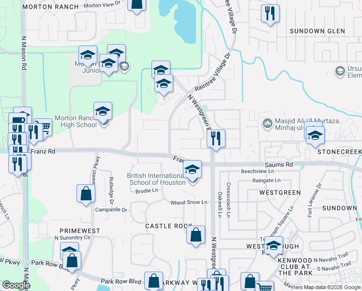 map of restaurants, bars, coffee shops, grocery stores, and more near 20423 Blue Juniper Drive in Katy