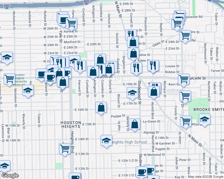 map of restaurants, bars, coffee shops, grocery stores, and more near 1721 Oxford Street in Houston