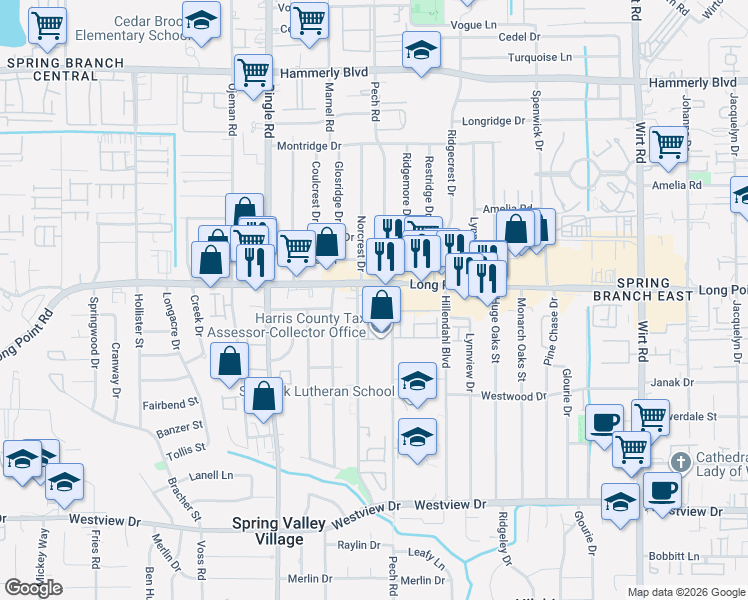 map of restaurants, bars, coffee shops, grocery stores, and more near 8403 Moritz Pass Trail in Houston
