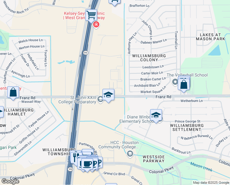 map of restaurants, bars, coffee shops, grocery stores, and more near 23008 Franz Road in Katy