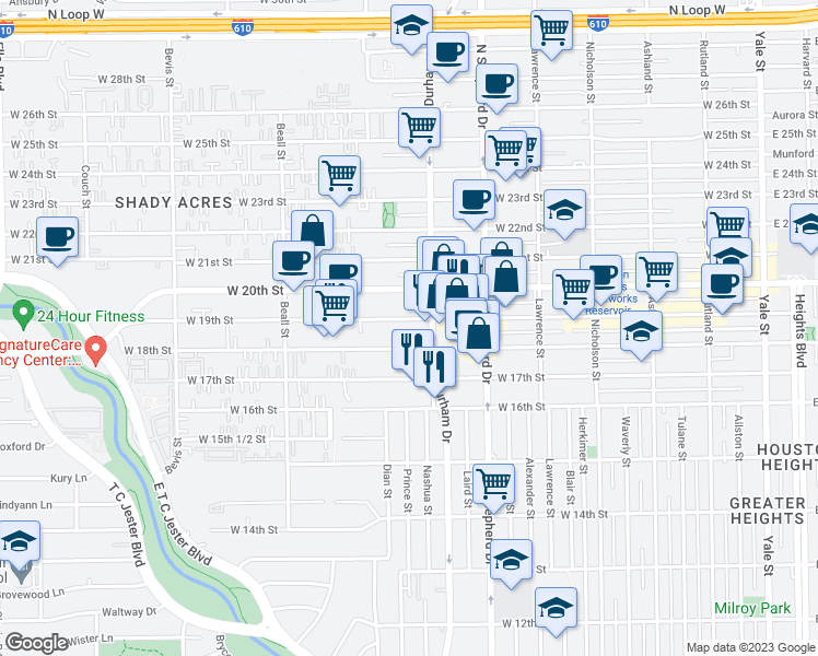 map of restaurants, bars, coffee shops, grocery stores, and more near 829 West 18th Street in Houston