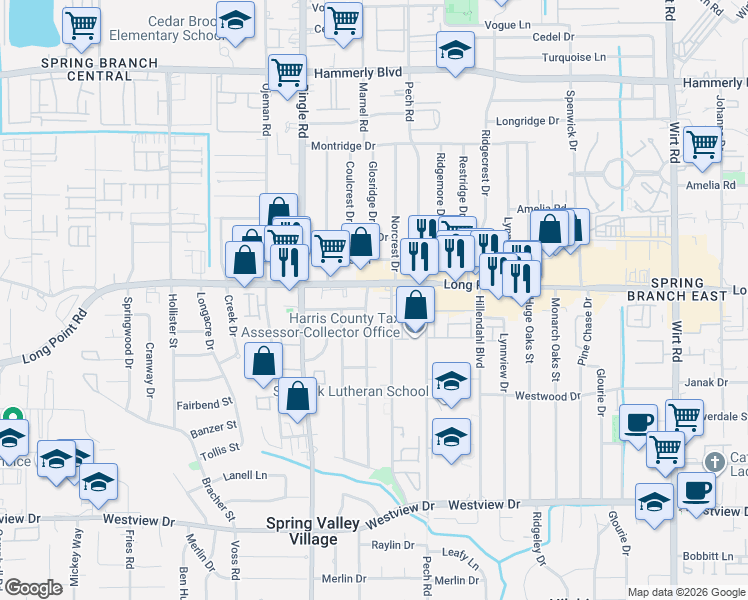 map of restaurants, bars, coffee shops, grocery stores, and more near 1751 Moritz Drive in Houston