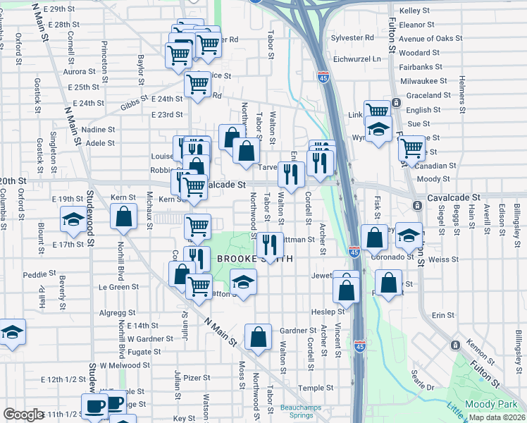 map of restaurants, bars, coffee shops, grocery stores, and more near 1201 Tabor Street in Houston