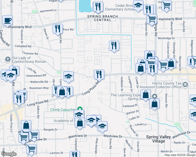 map of restaurants, bars, coffee shops, grocery stores, and more near 8941 Long Point Road in Houston