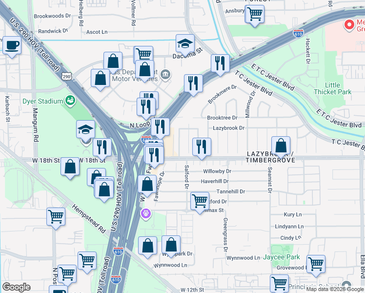 map of restaurants, bars, coffee shops, grocery stores, and more near 1807 Locksford Street in Houston