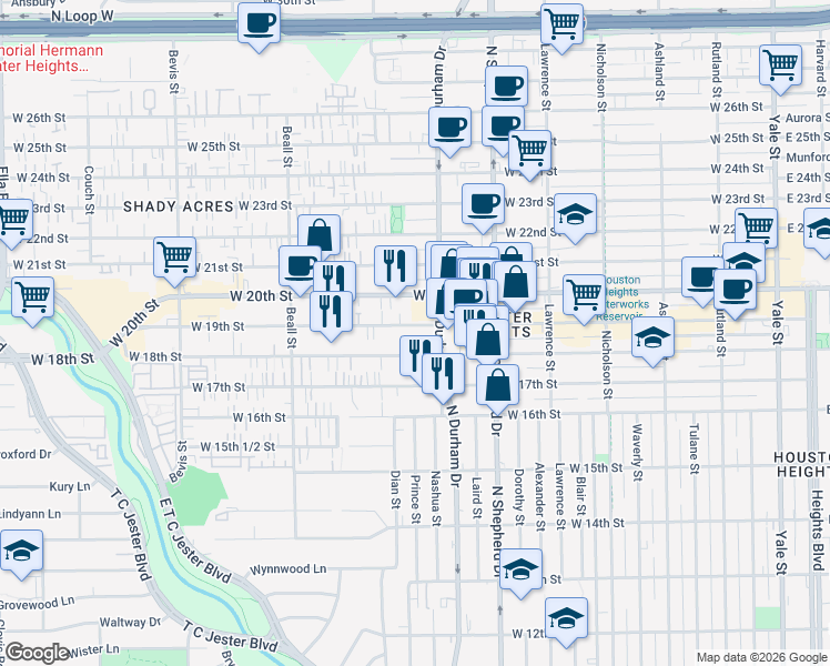 map of restaurants, bars, coffee shops, grocery stores, and more near 824 West 19th Street in Houston