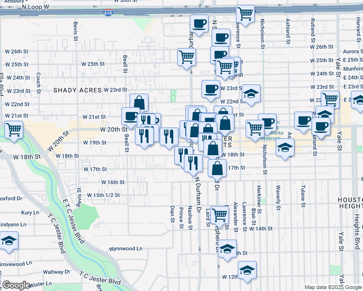map of restaurants, bars, coffee shops, grocery stores, and more near 824 West 19th Street in Houston