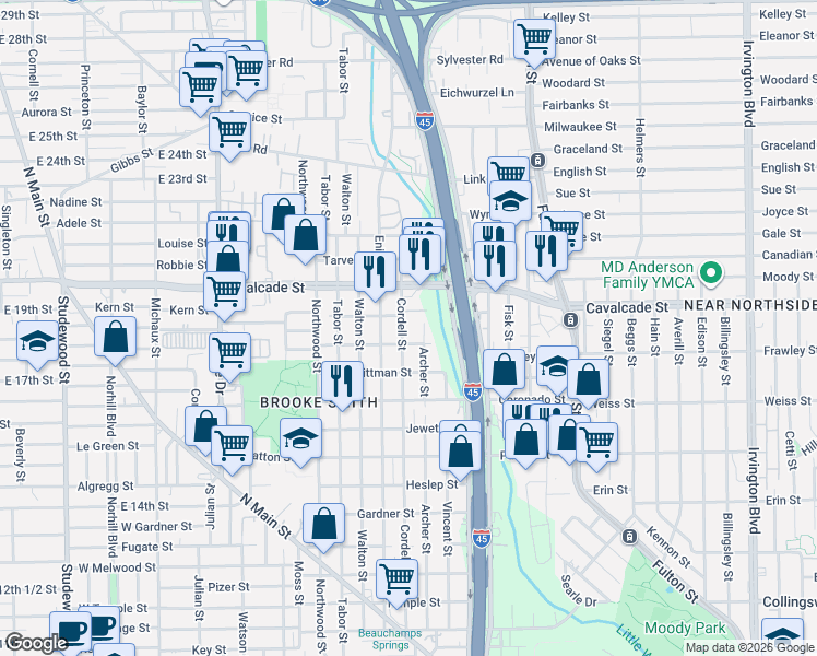 map of restaurants, bars, coffee shops, grocery stores, and more near 1202 Cordell Street in Houston