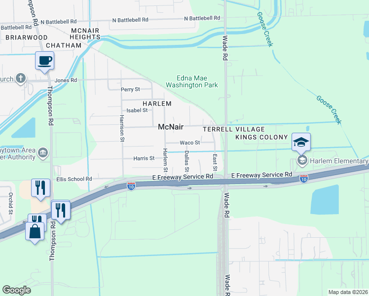 map of restaurants, bars, coffee shops, grocery stores, and more near 7207 Dallas Street in Baytown