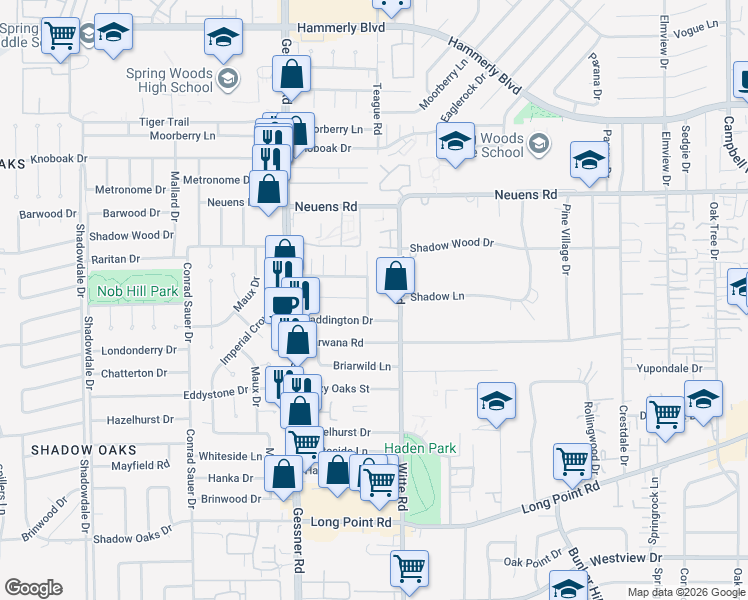 map of restaurants, bars, coffee shops, grocery stores, and more near 10012 Haddington Drive in Houston