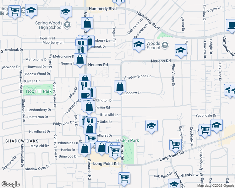 map of restaurants, bars, coffee shops, grocery stores, and more near 1651 Witte Road in Houston
