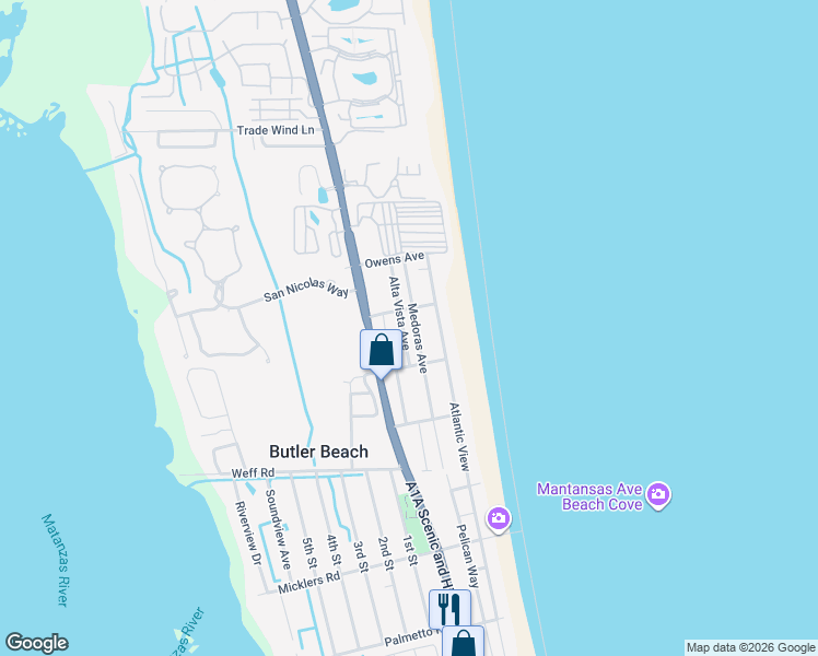 map of restaurants, bars, coffee shops, grocery stores, and more near 5038 Alta Vista Avenue in Saint Augustine