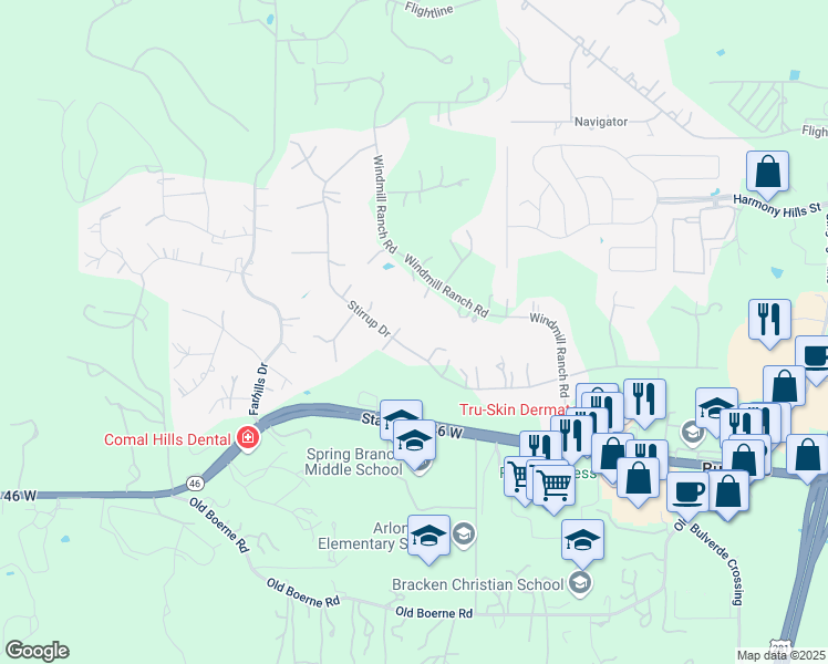 map of restaurants, bars, coffee shops, grocery stores, and more near 924 Stirrup Drive in Spring Branch
